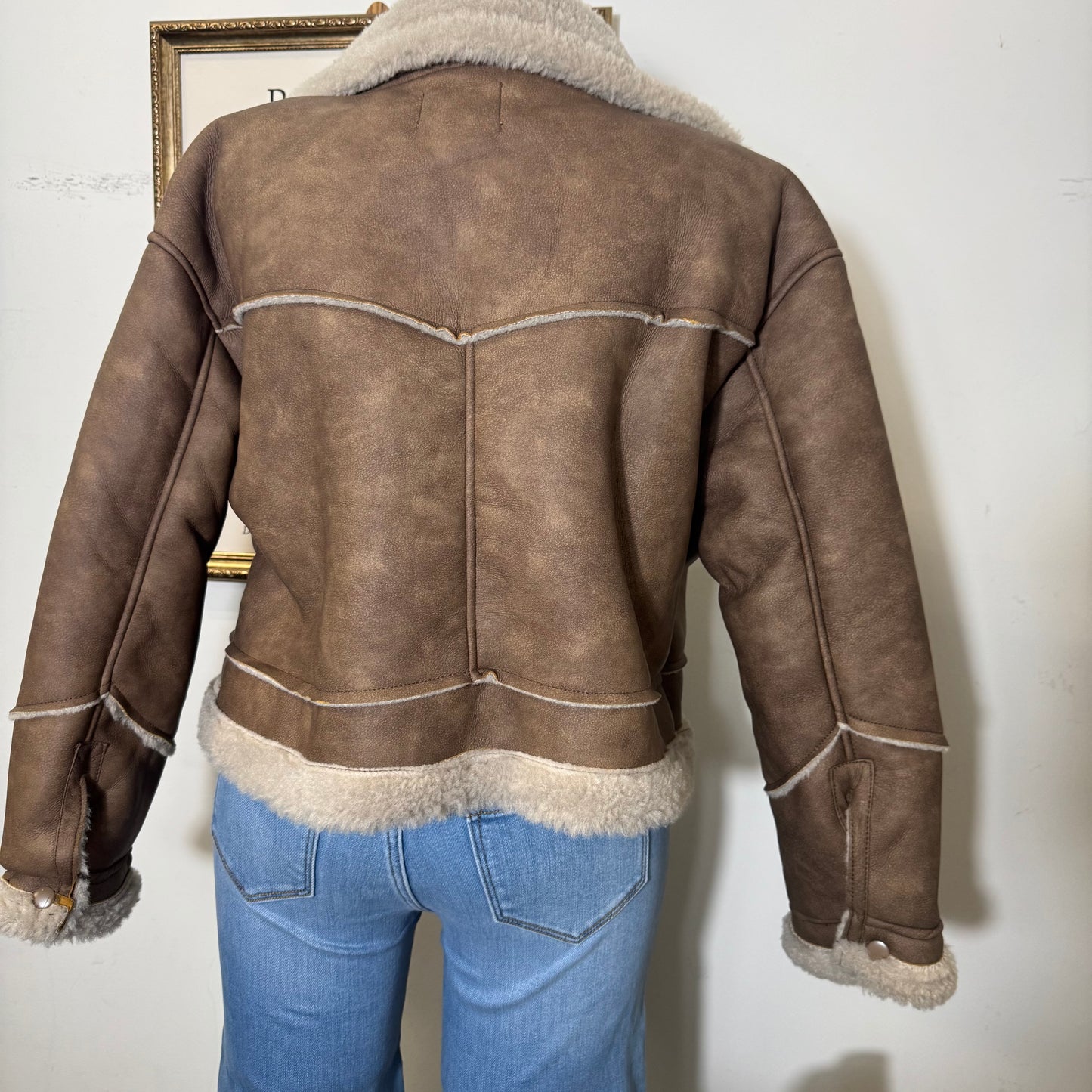 Long Sleeve Pocket Detail Faux Leather Inner Fur Jacket-Brown