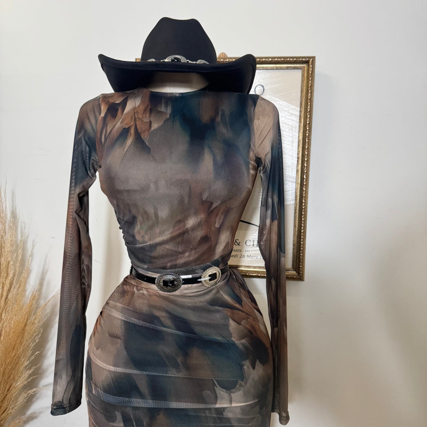 Multi Colored Mesh Maxi Dress-Brown Combo