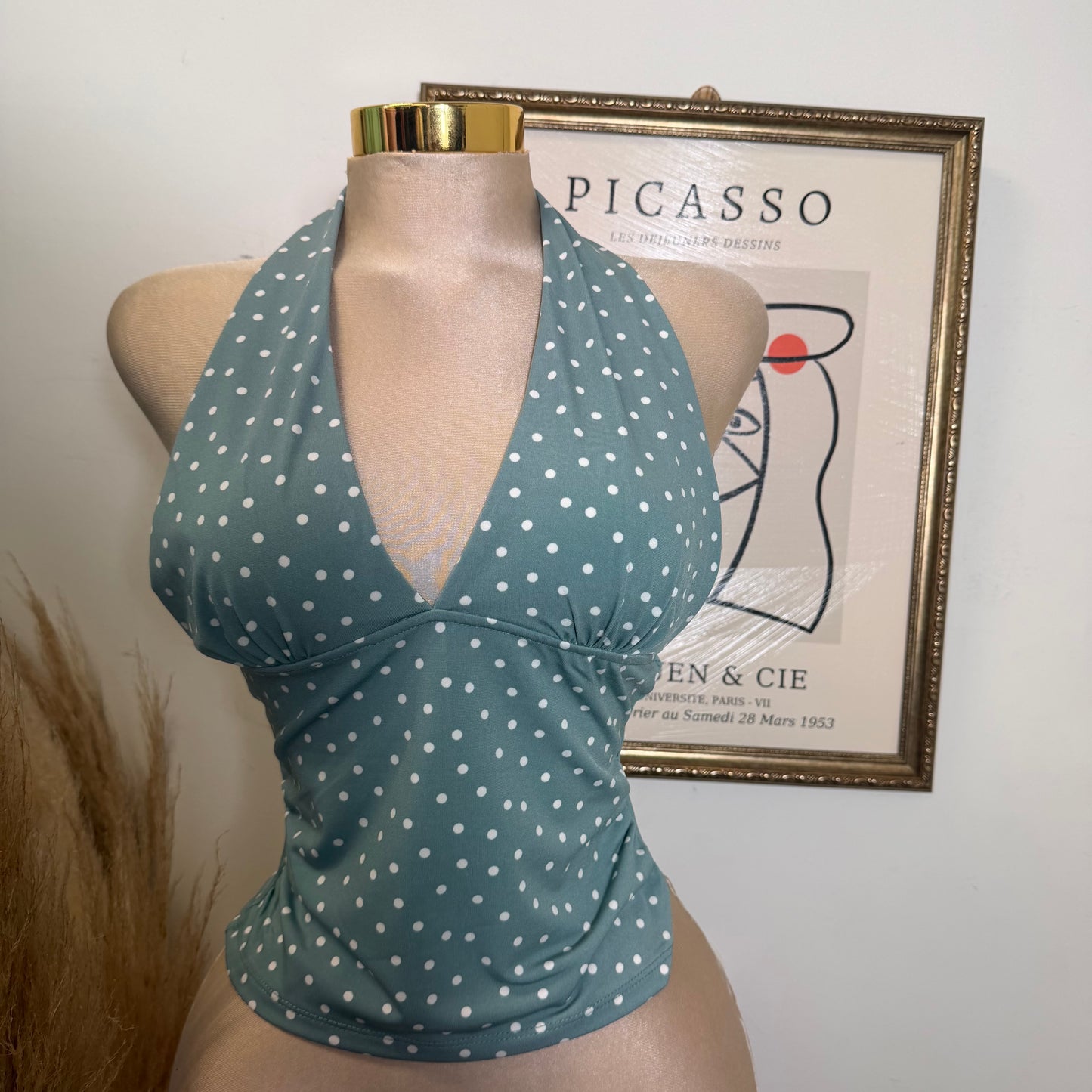 Polka Dot Halter Neck Top-Teal Green