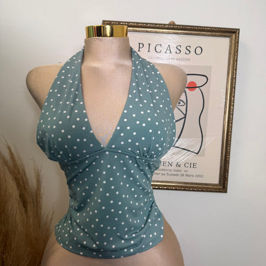 Polka Dot Halter Neck Top-Teal Green