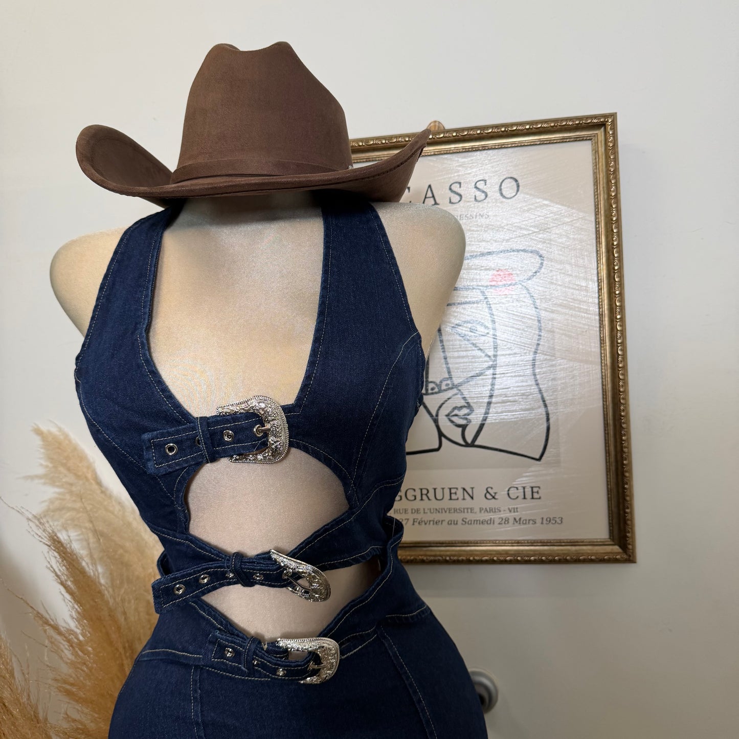 Buckle Detail Midi Dress-Navy