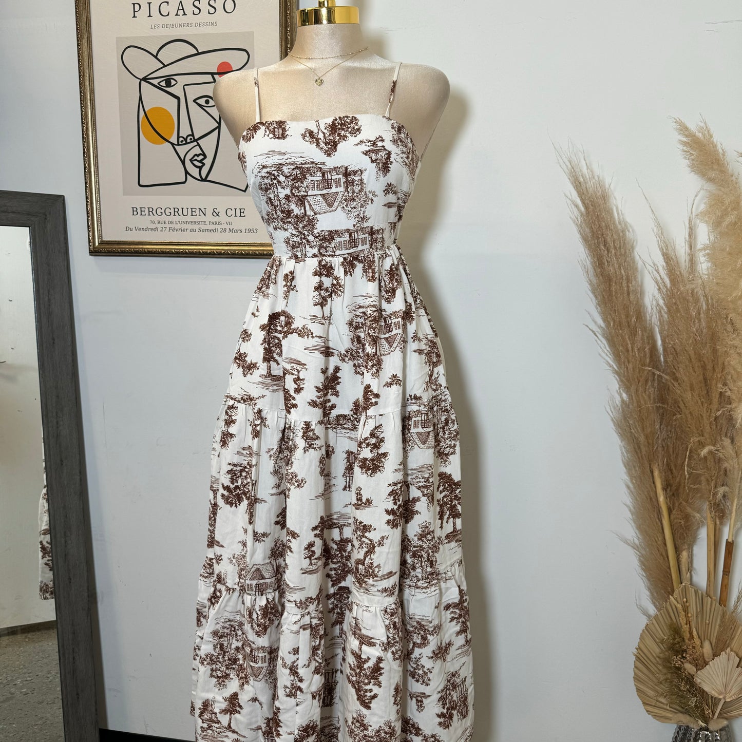 Summer Dress Open Back-White/Brown