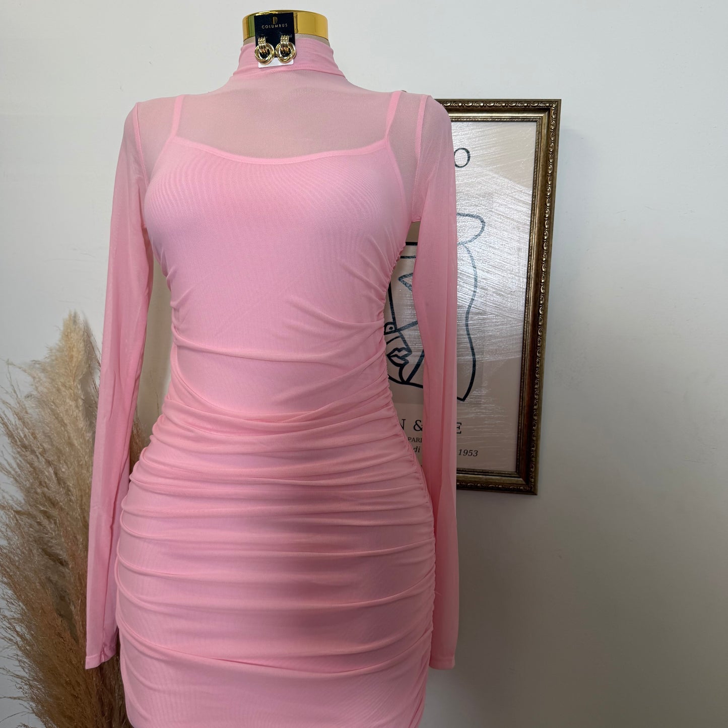 Solid Mesh Mock Neck Midi Long Sleeve Dress-Baby Pink