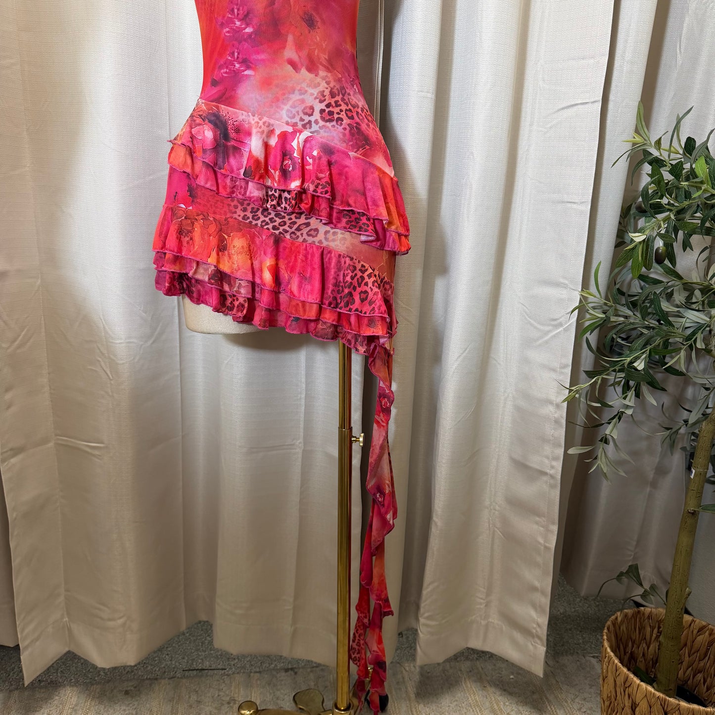 Floral Cheetah Halter Ruffle Asymmetrical Mini Dress-Pink