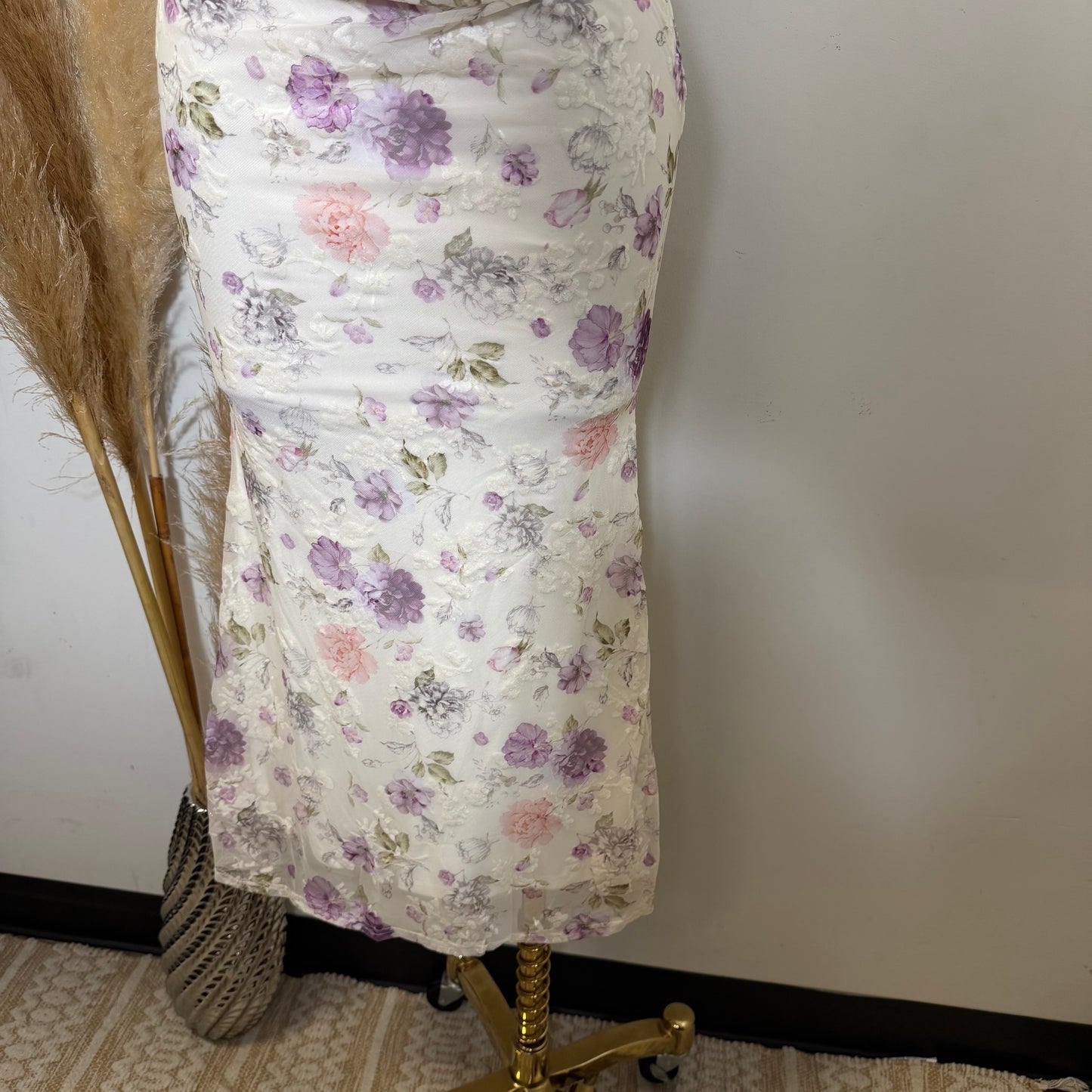 Strapless Floral Print Corset Midi Dress-Ivory Purple