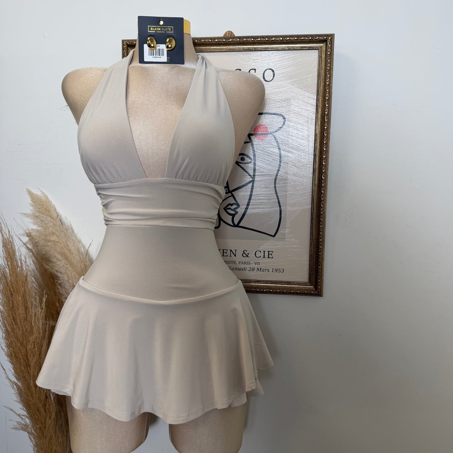 Sleeveless Open Back Halter Ruffle Romper-Stone