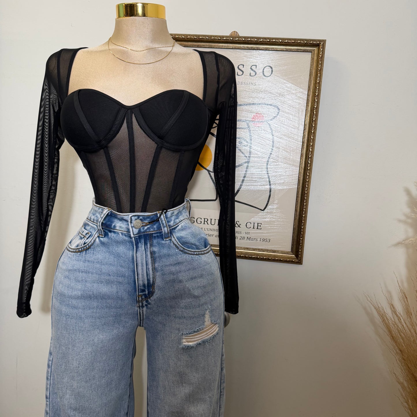 Long Sleeve Mesh Corset Top with Sewn bra Cups-Black