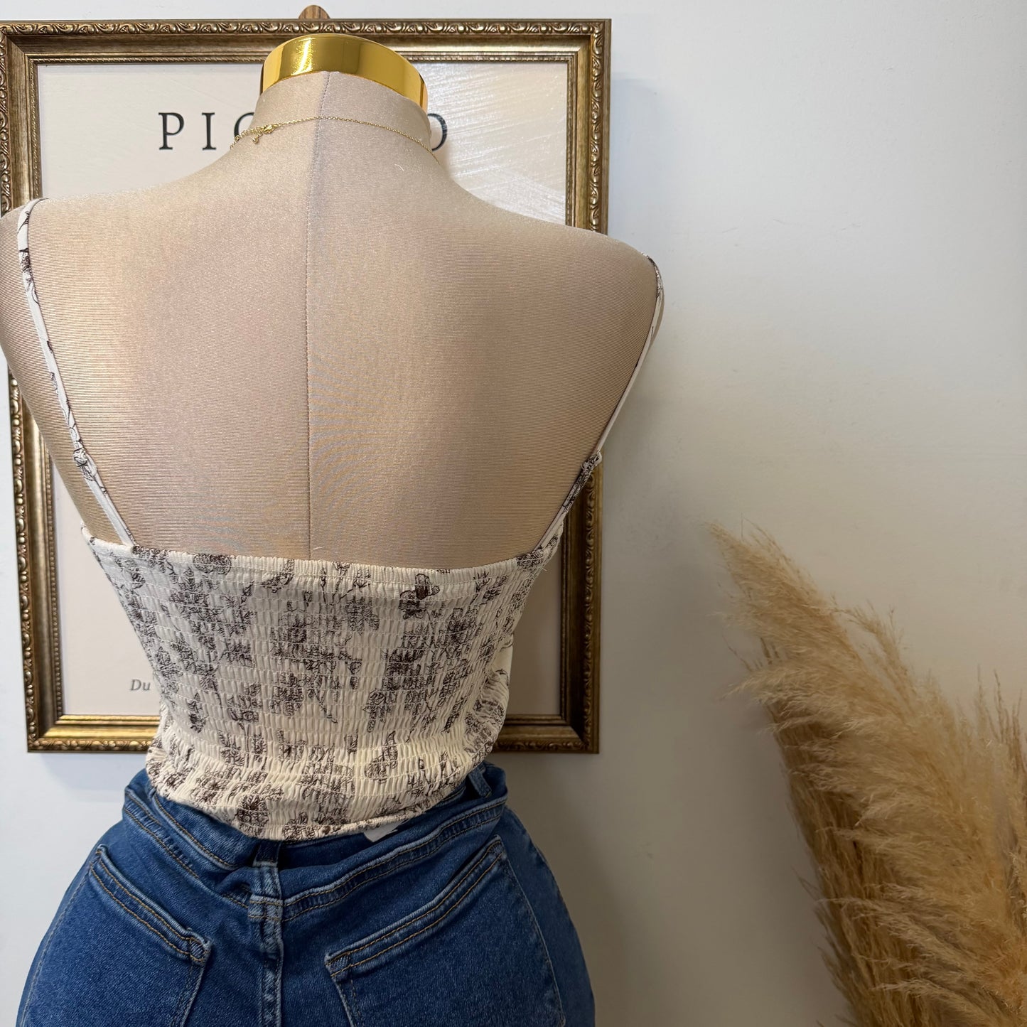 Lace Trim Neck Smocked Back Floral Corset Crop Top-Beige/Brown