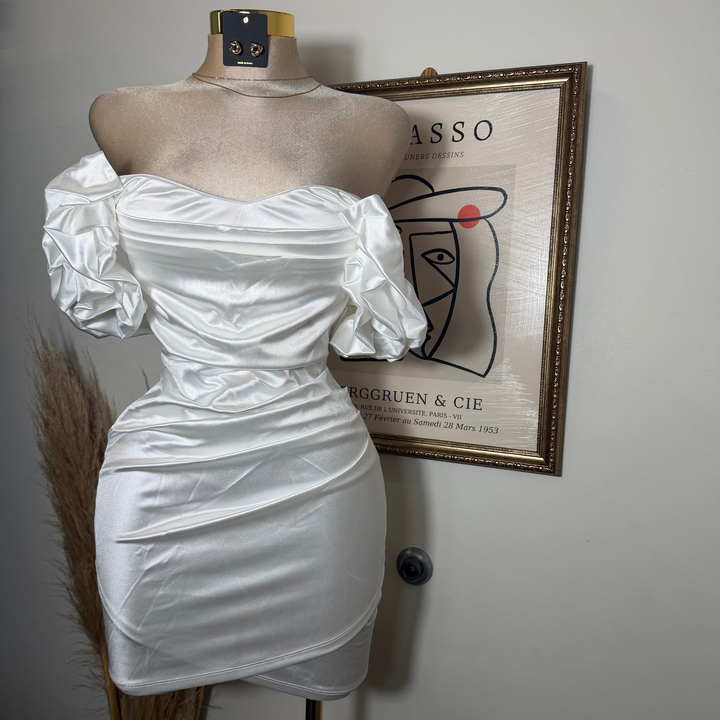 Satin Off Shoulder Dress-White