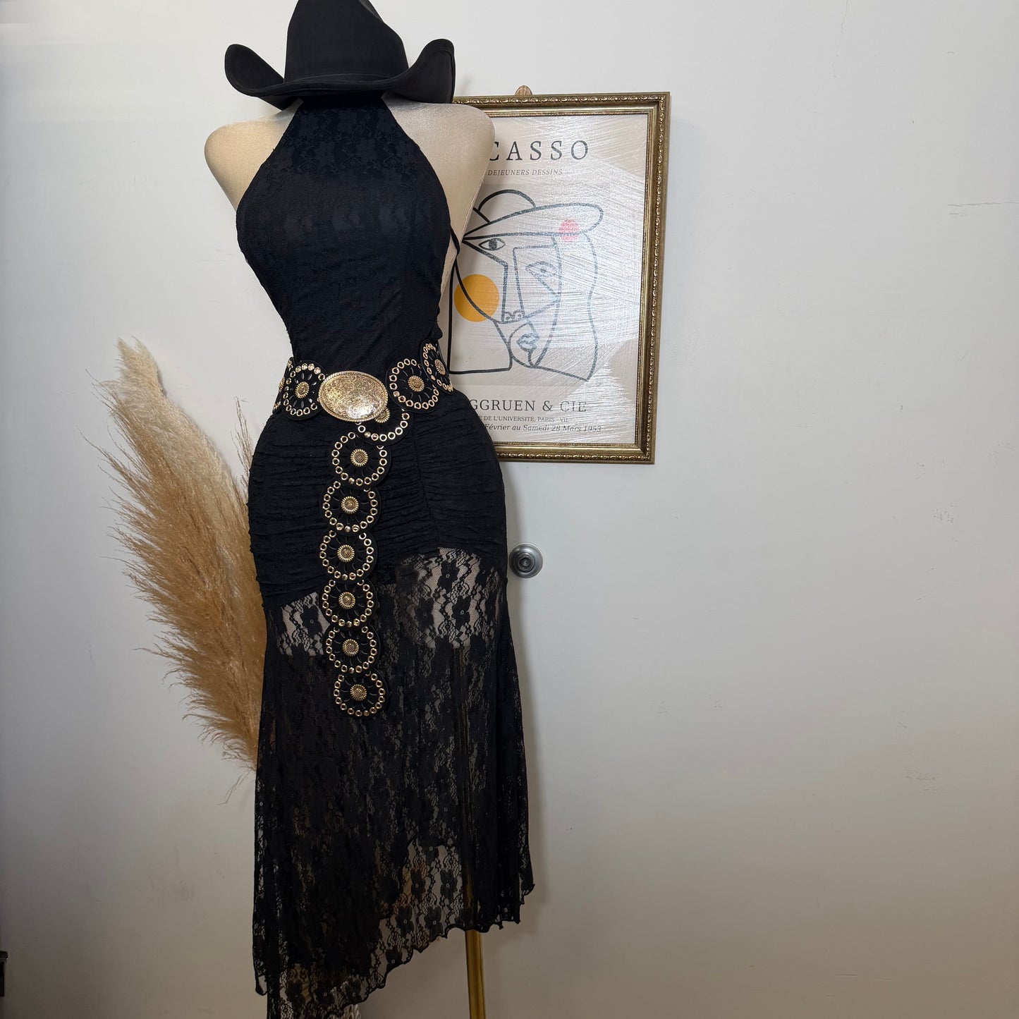 Lace Ruched Halter Maxi Dress-Black