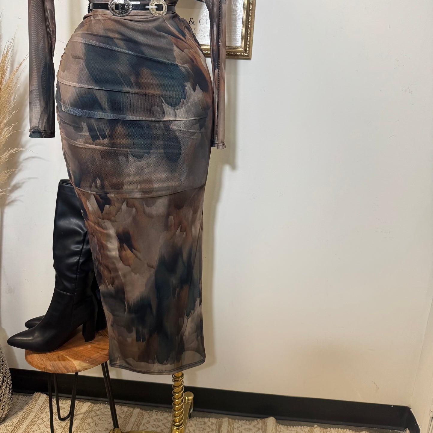 Multi Colored Mesh Maxi Dress-Brown Combo