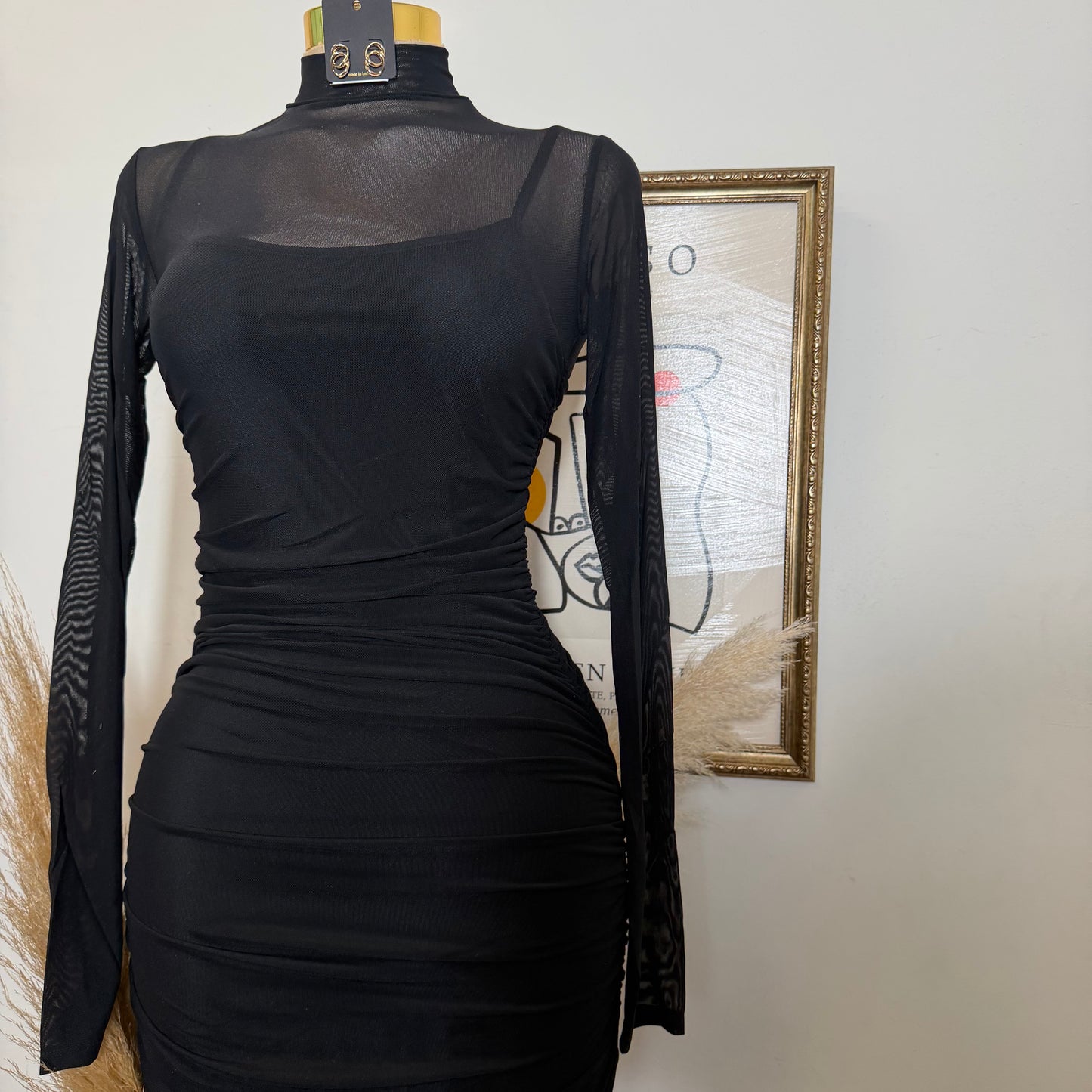 Solid Mesh Mock Neck Midi Long Sleeve Dress-Black