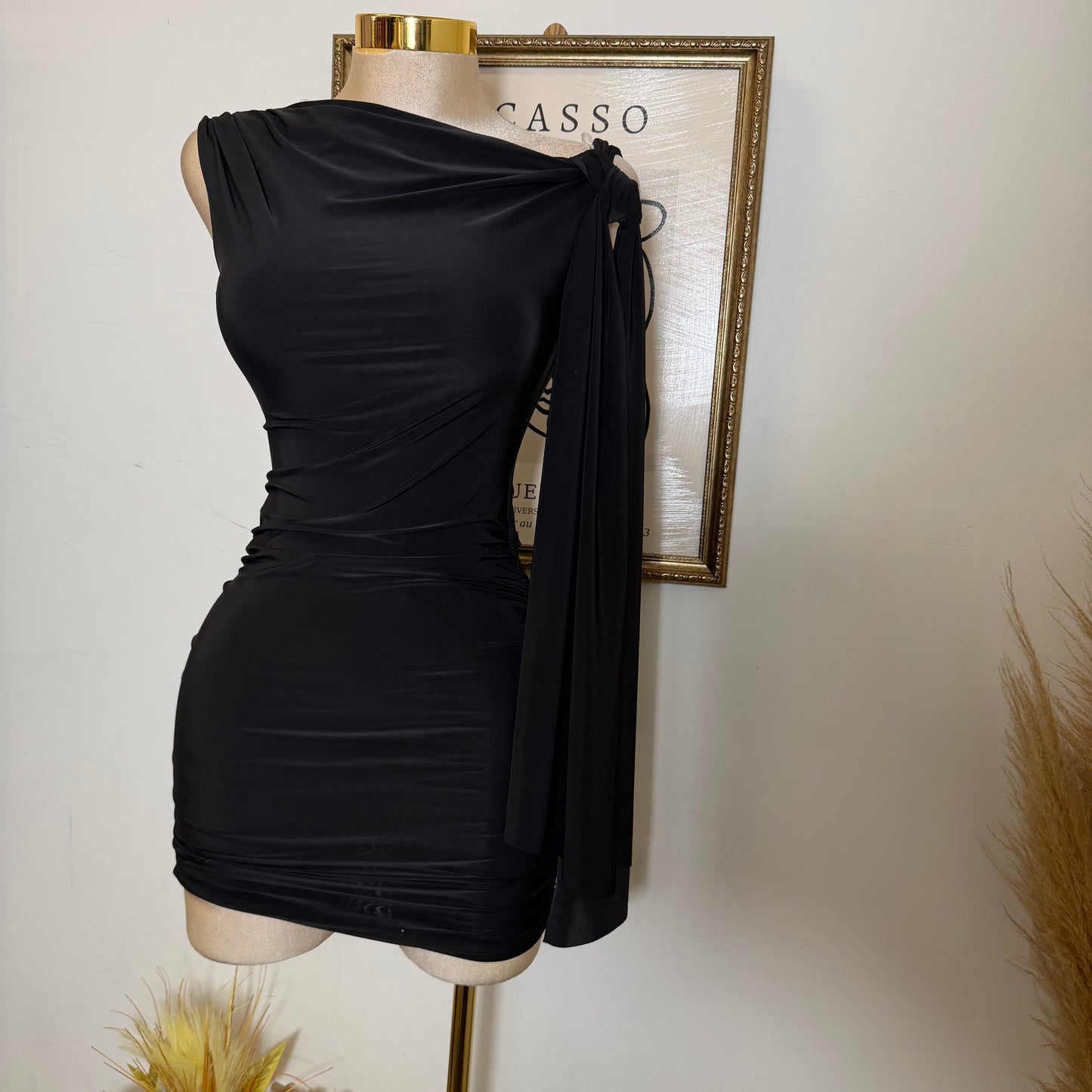 Off Shoulder Ruched Side Tie Mini Dress-Black