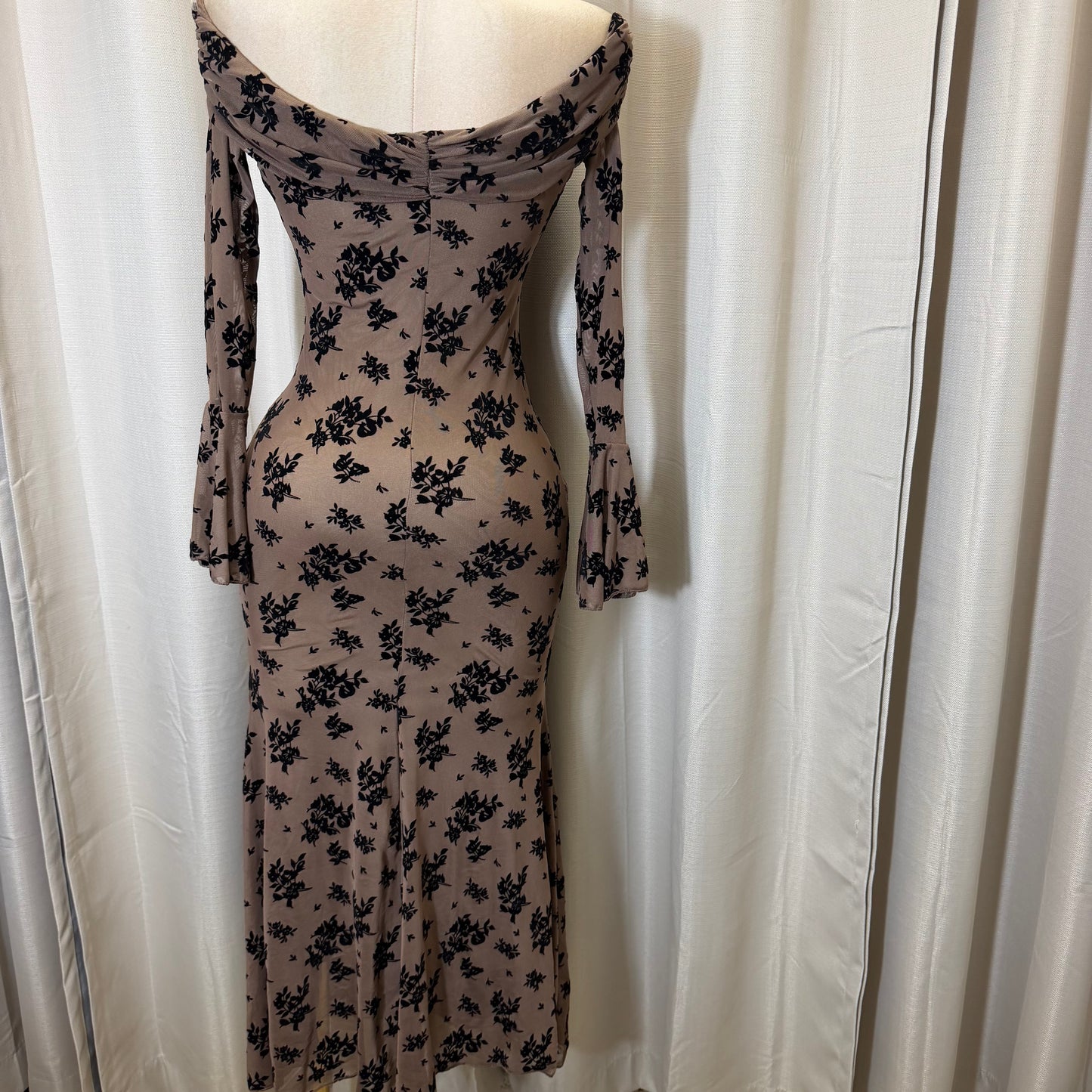 Flocked Long Sleeve Mesh off shoulder maxi Dress-Brown/Black