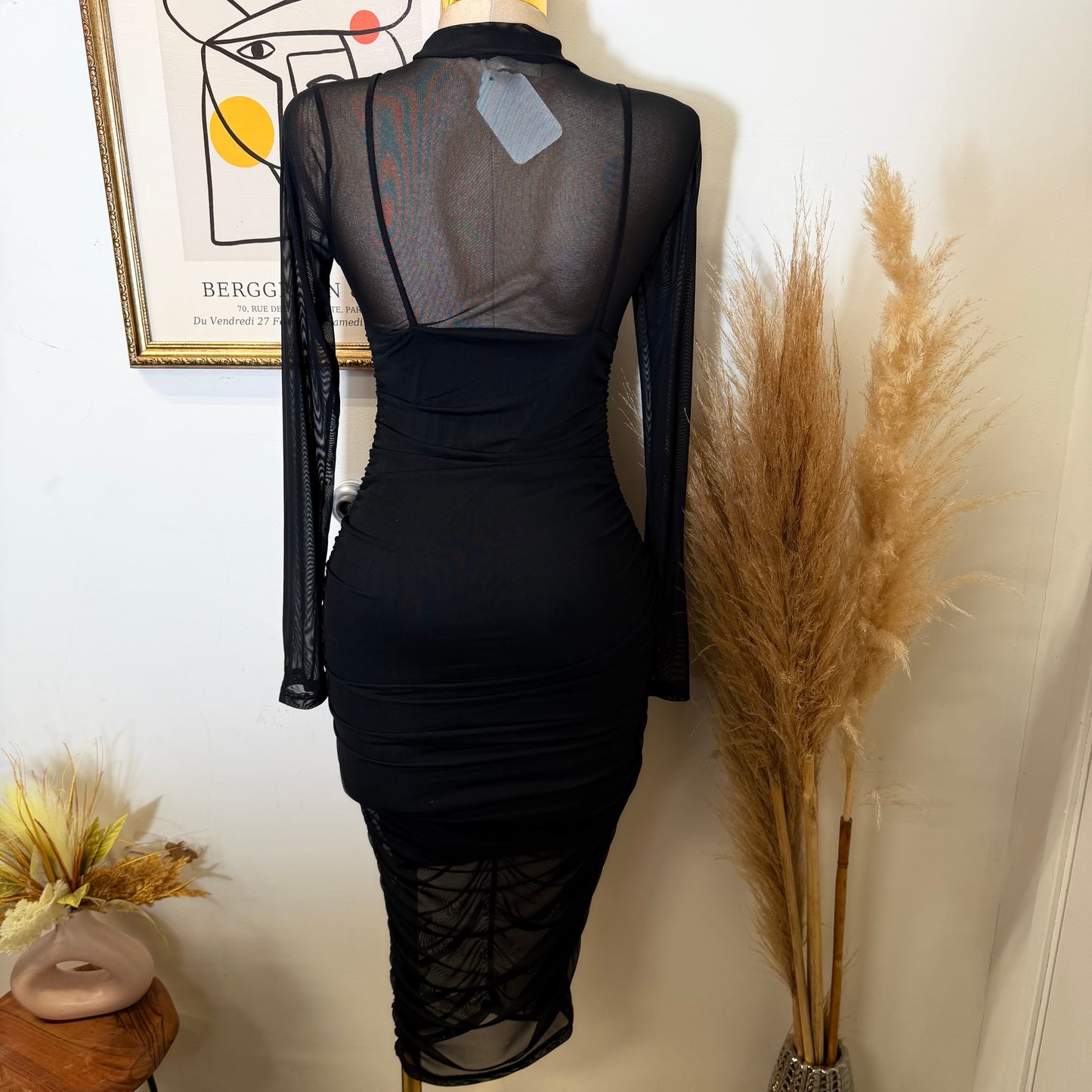 Mesh Side Shirring Midi Dress-Black