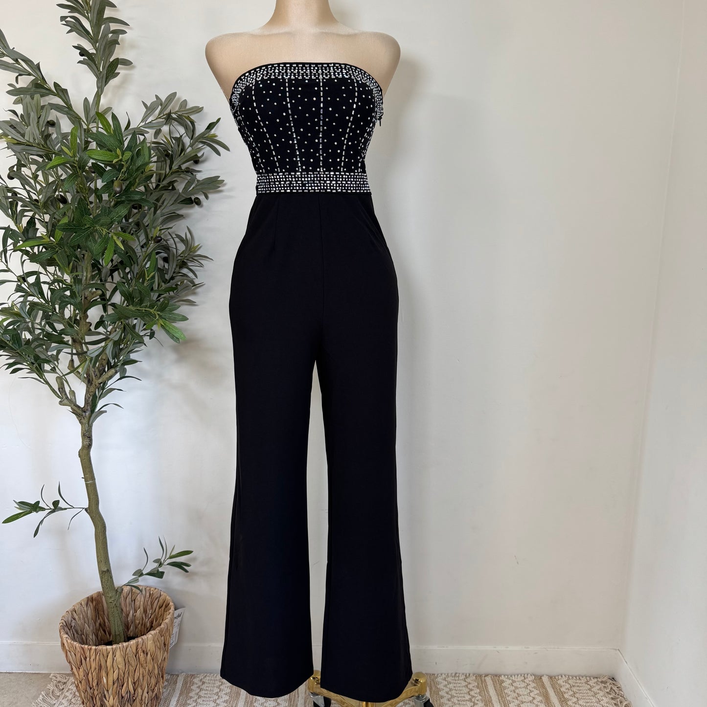 Rhinestone Strapless Jumpsuit-Black