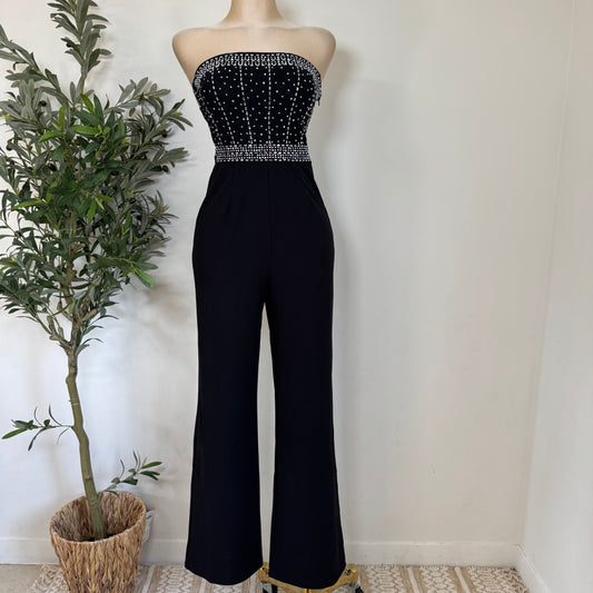 Rhinestone Strapless Jumpsuit-Black