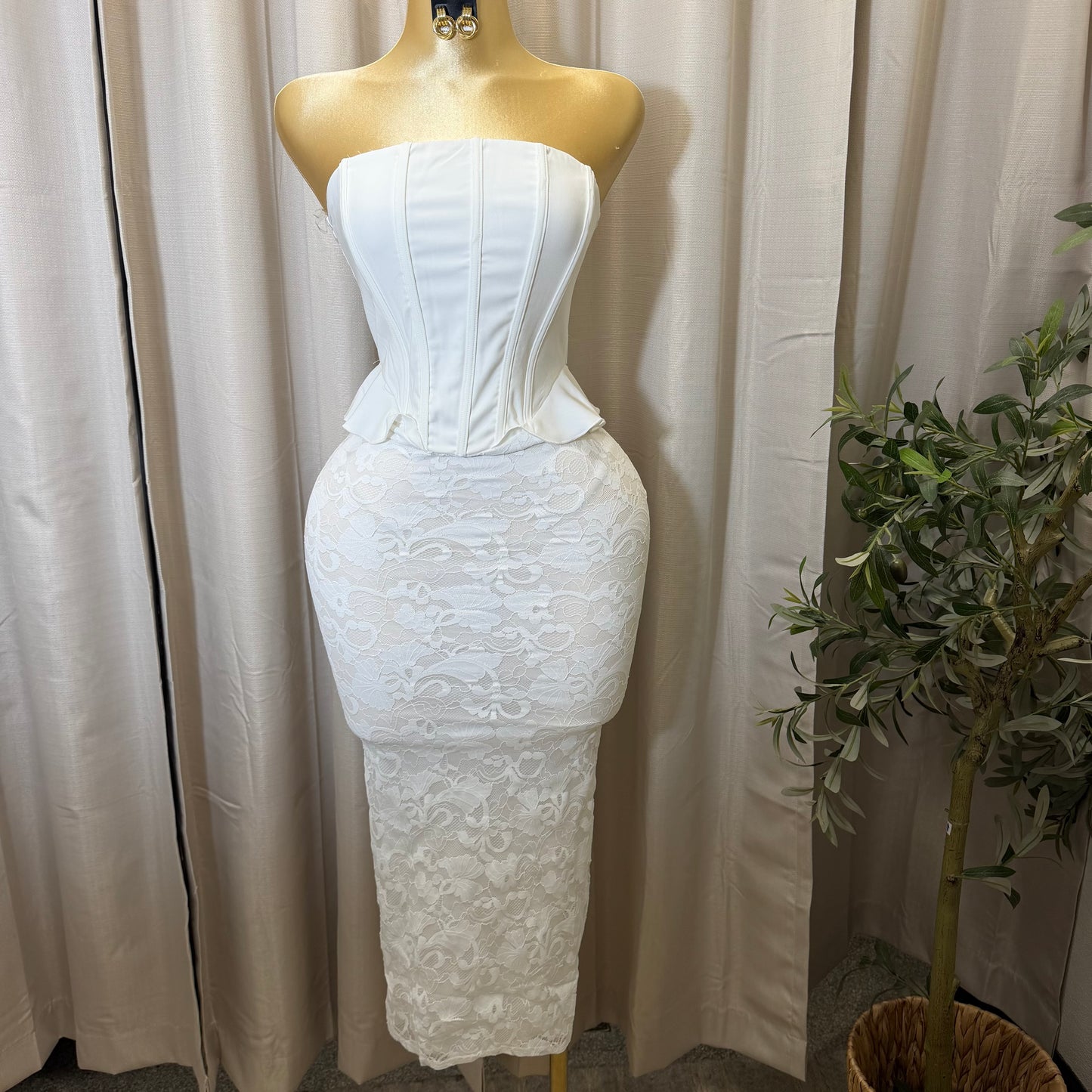 Strapless Corset Lace Midi Dress-White