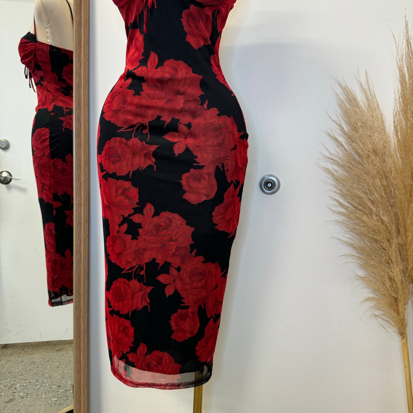 Rose Mesh Spaghetti Dress-Black/Red