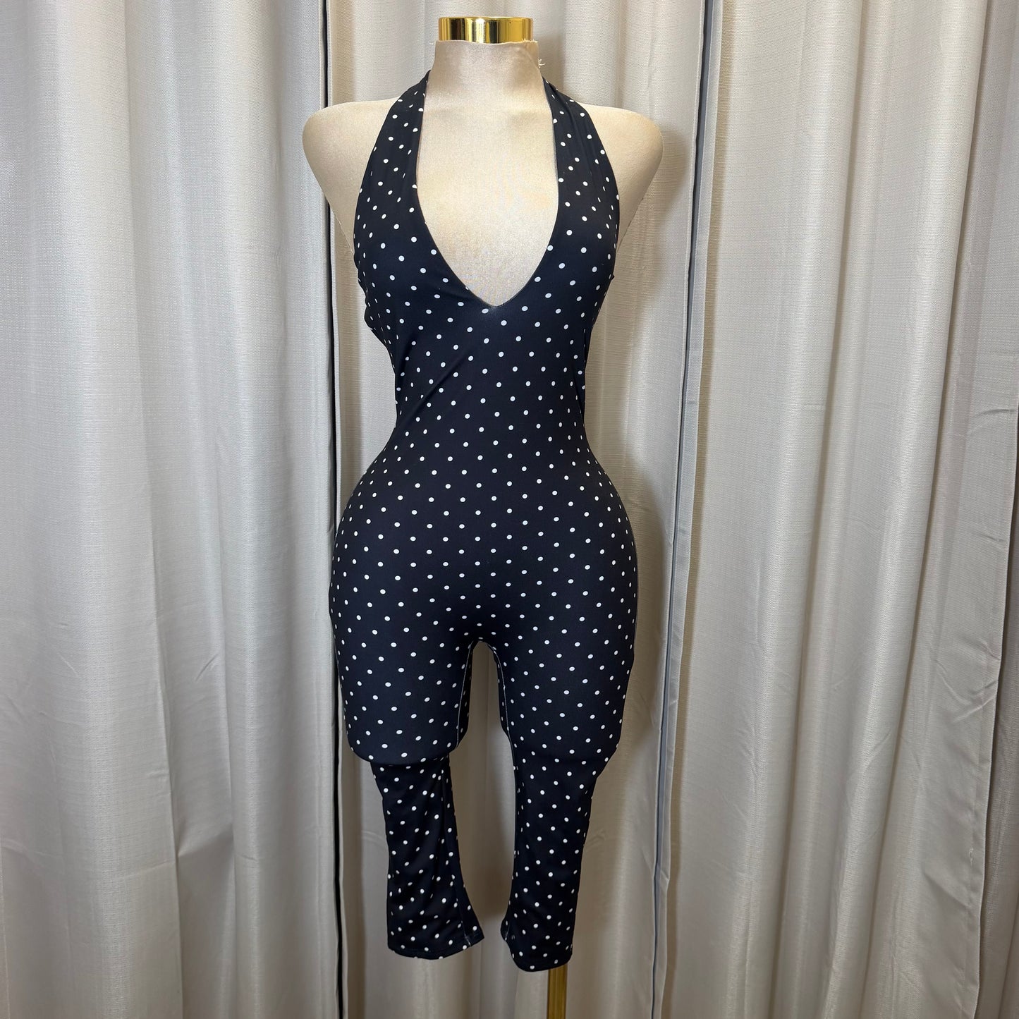 Halter Polka Dot Jumpsuit-Black/white