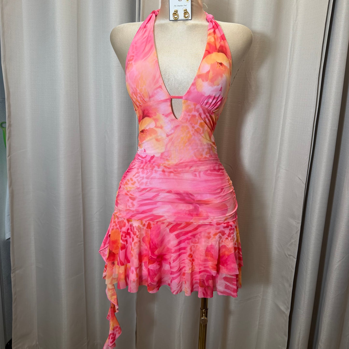 Halter Leopard flower Dress-Pink