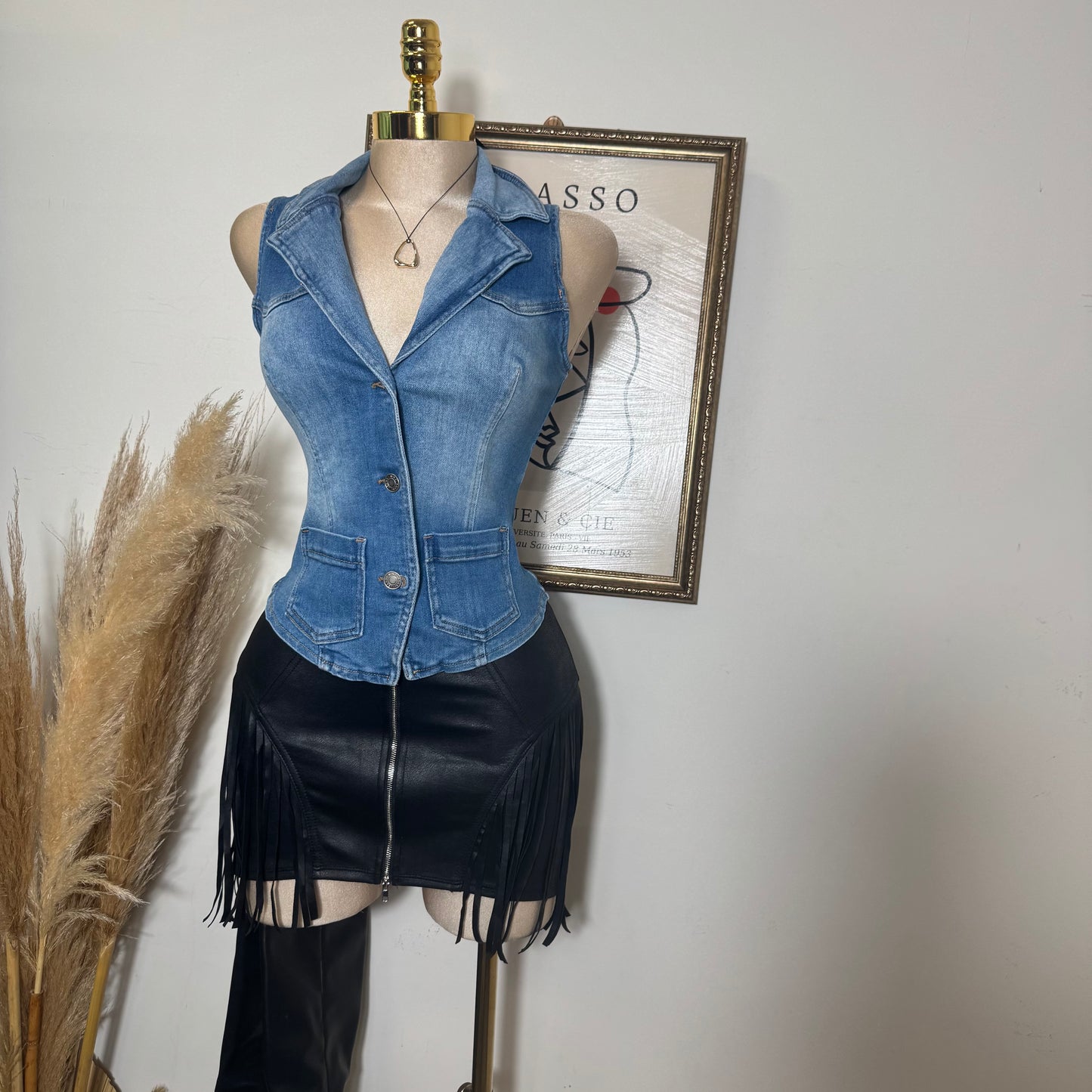 Fringe Detail Zipper Front Mini Skirt-Black