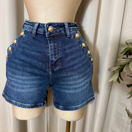 High Waisted Shorts Gold Button-Medium Wash
