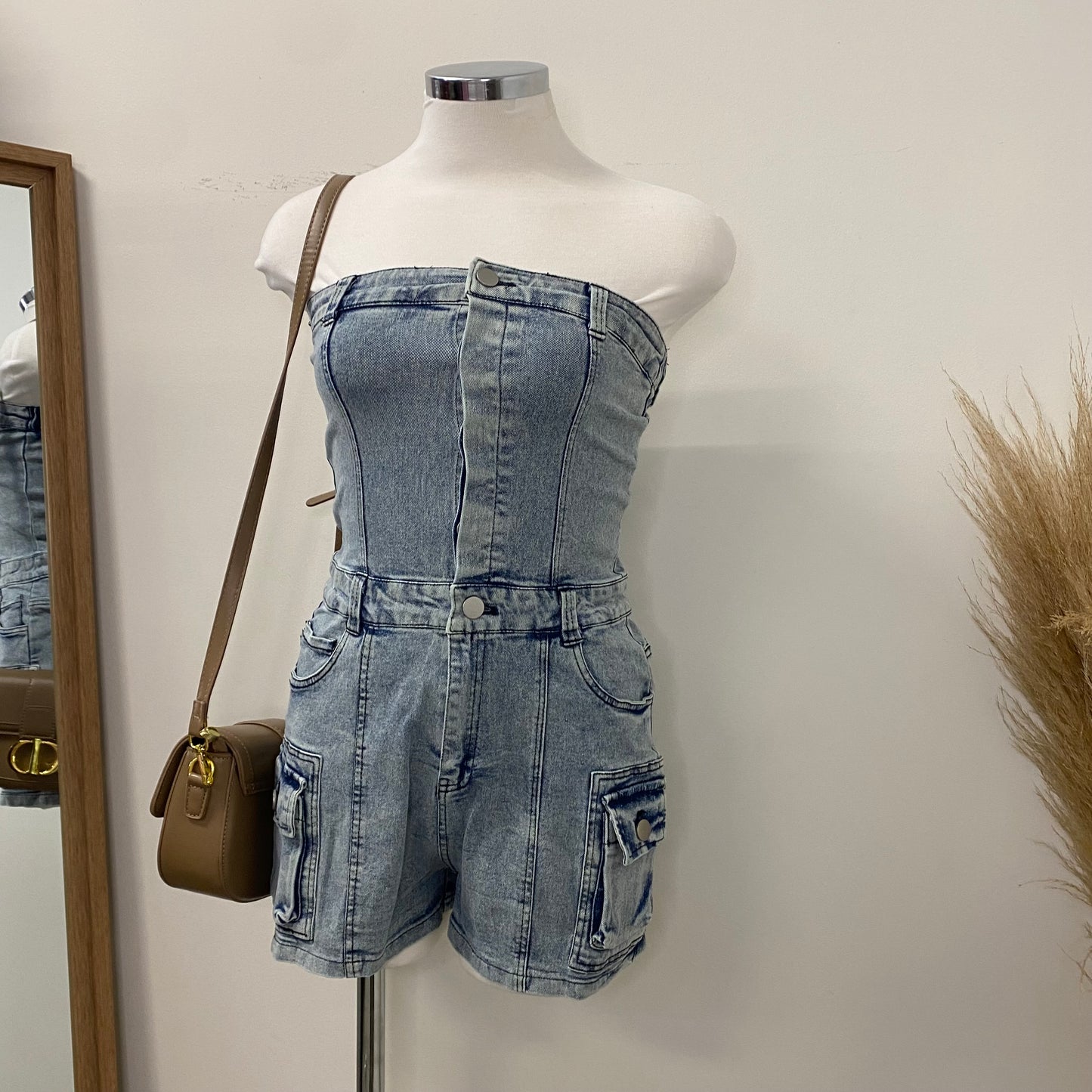 Isla Denim Cargo Romper-Light Wash