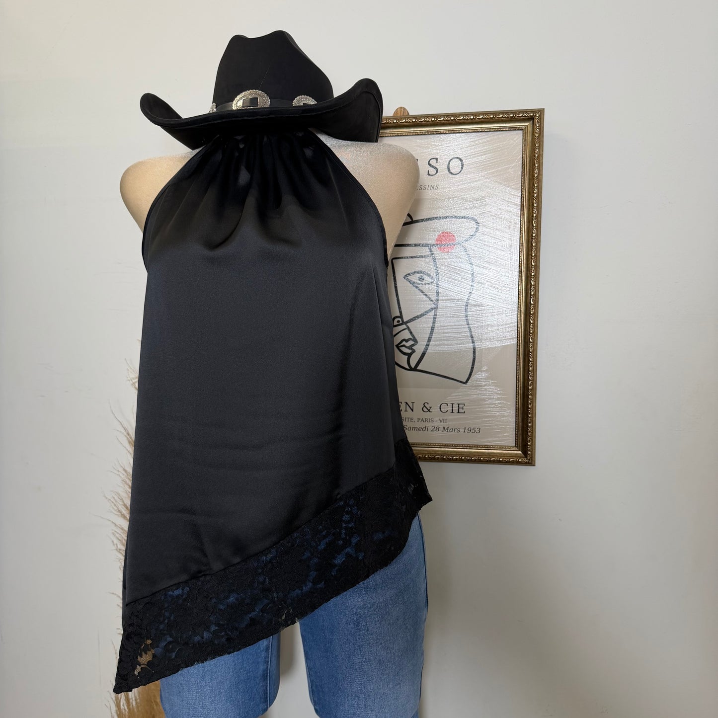 Satin Lace Asymmetrical Top-Black