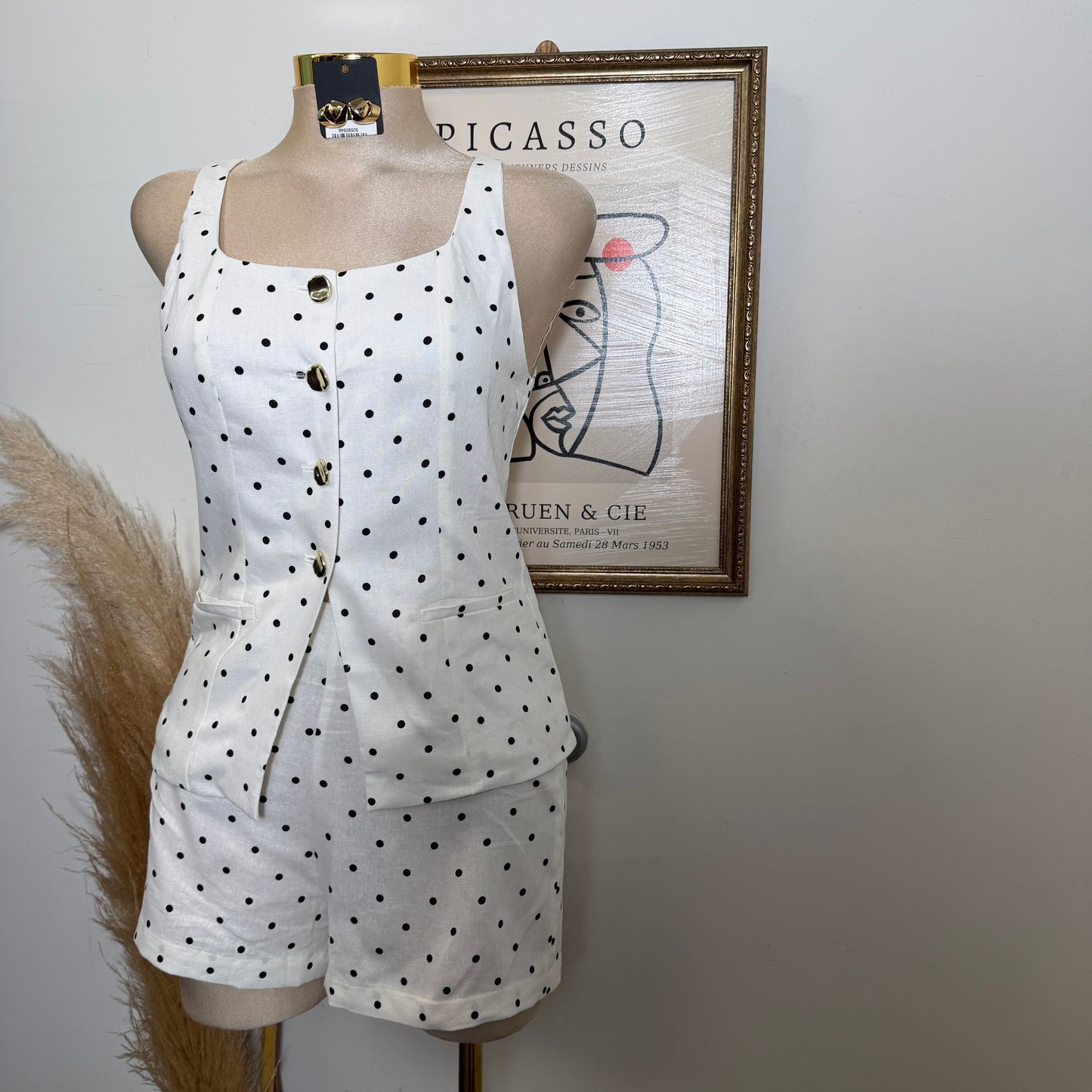 Polka Dot Linen Top w/ Gold Buttons shorts set-White