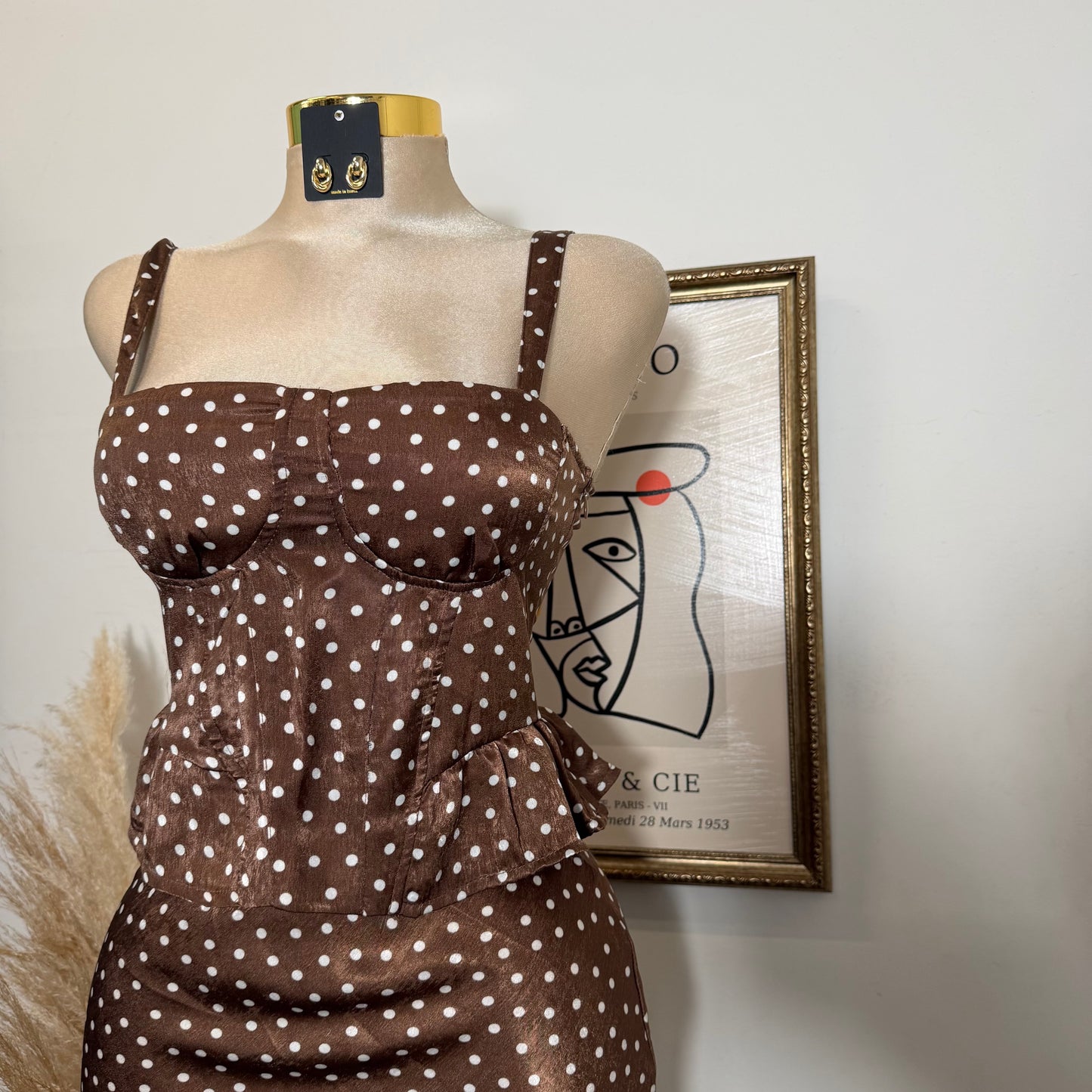Satin Polka Dot Top and Skirt Set-Brown