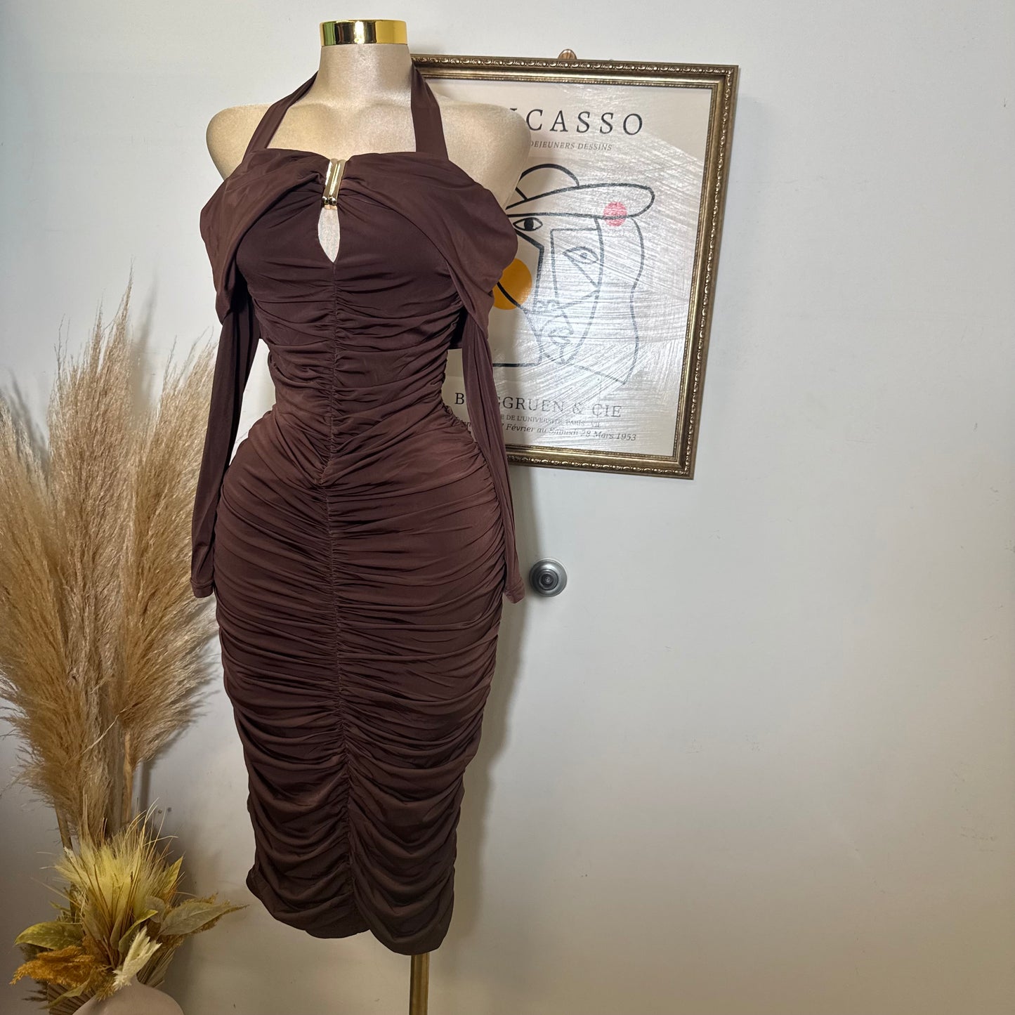 Off shoulder Long Sleeve Halter Midi Dress-Brown