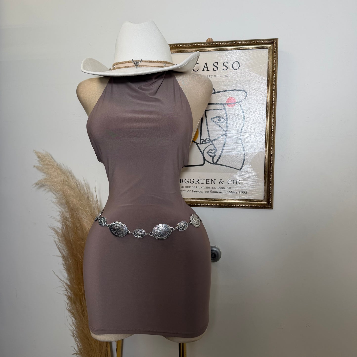 Sleeveless Halter Cowl Neckline Mini Dress-Mocha