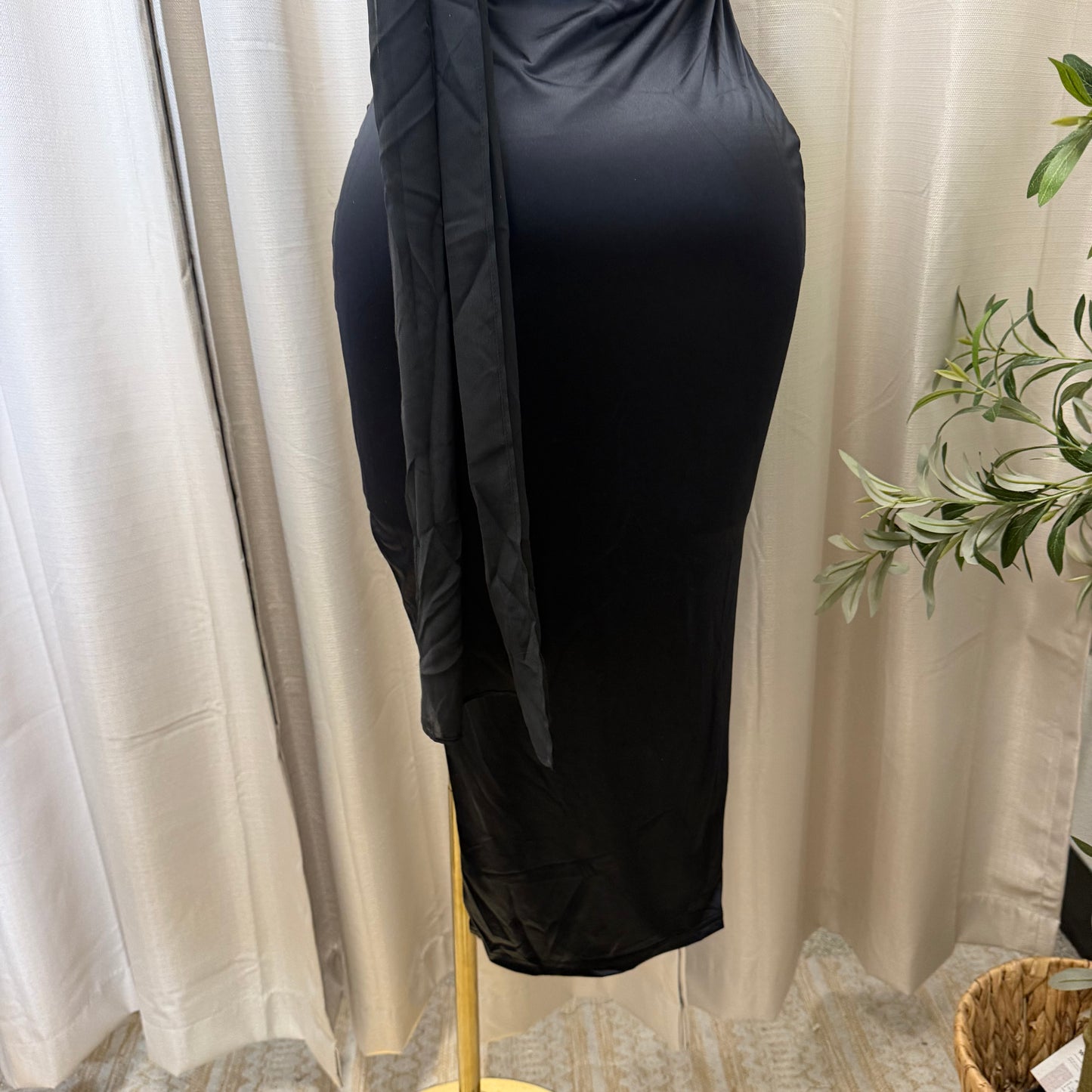 Pearl Satin with Chiffon Sash one Shoulder Dress-Black