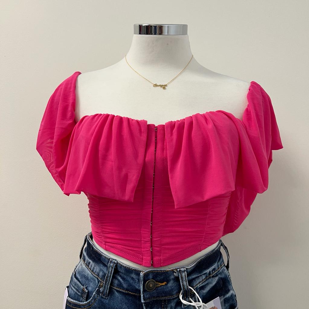 Kiera Off Shoulder Mesh Crop Top -Hot Pink
