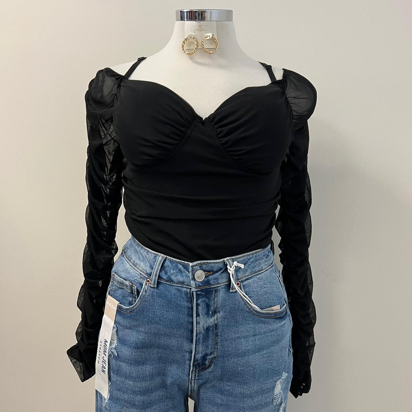 Sol Off Shoulder Sheer Mesh Ruched Top PL-Black