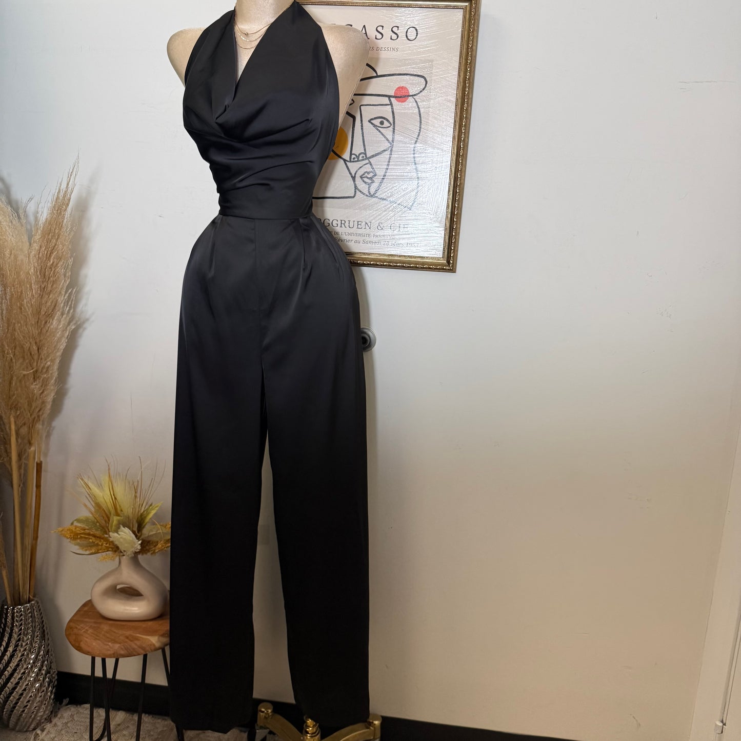 Cowl Halter Neck Wide Leg Jumpsuit-Black