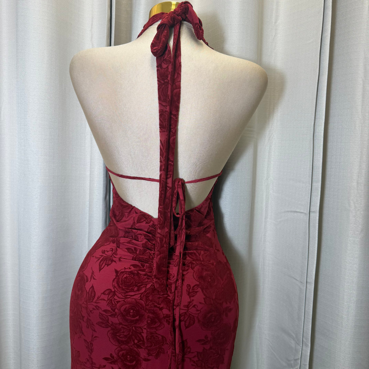 Halter Lace Detail Floral Dress-Red/Burgundy