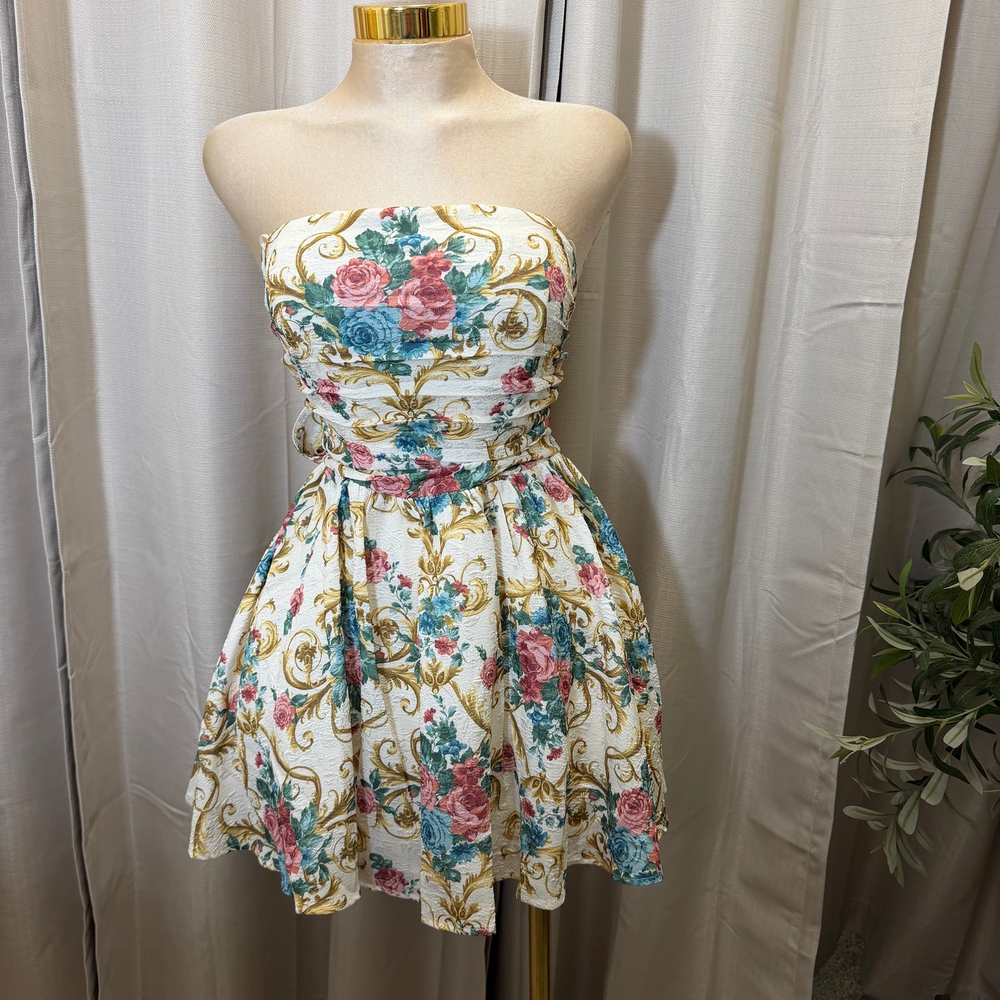 Floral pleated bow Mini Fit and Flare Dress-Multi