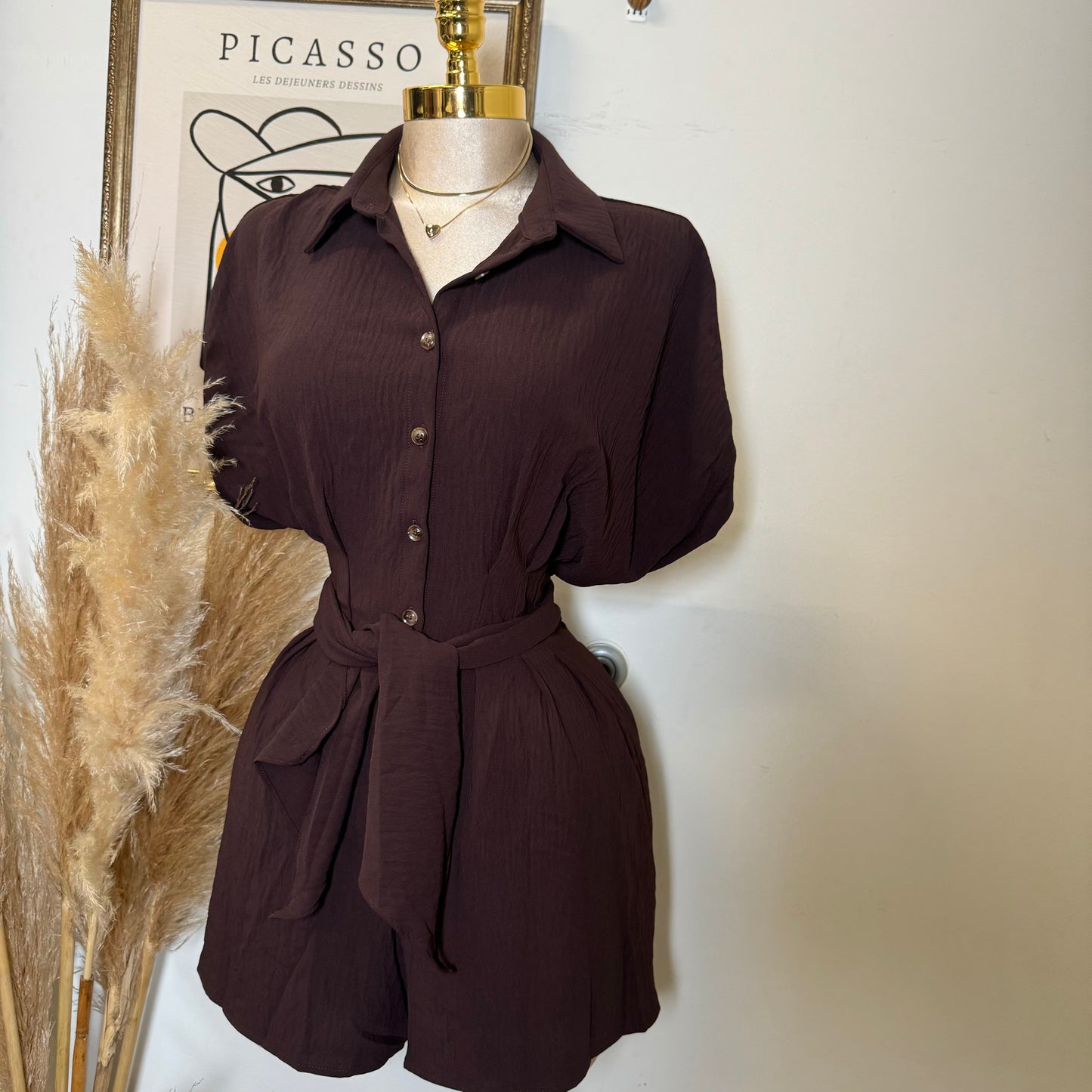 Crinkle Textured Dolman Sleeve Shirt Belted Romper -Brown