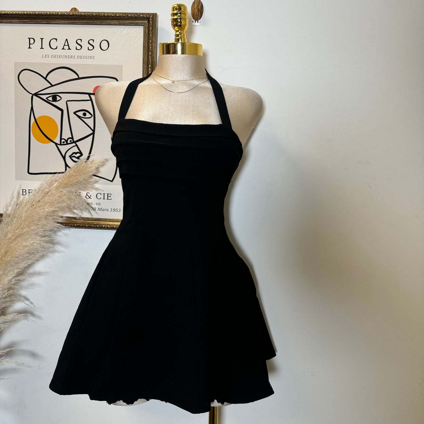 Halter Square Neck Lace Trim Open Flare dress-Black
