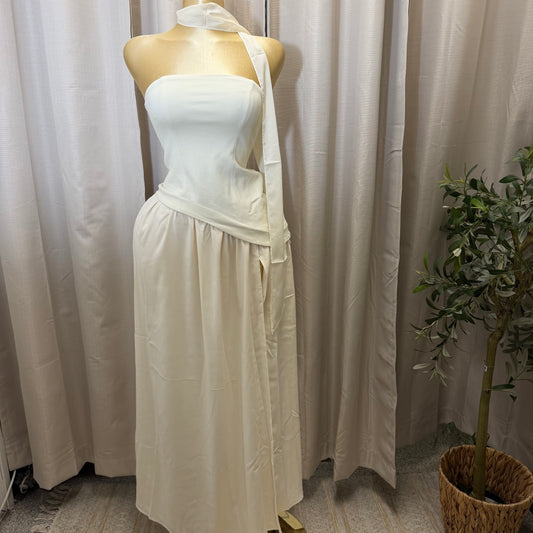 Strapless Scarf Neck Overlay Maxi Dress-Cream