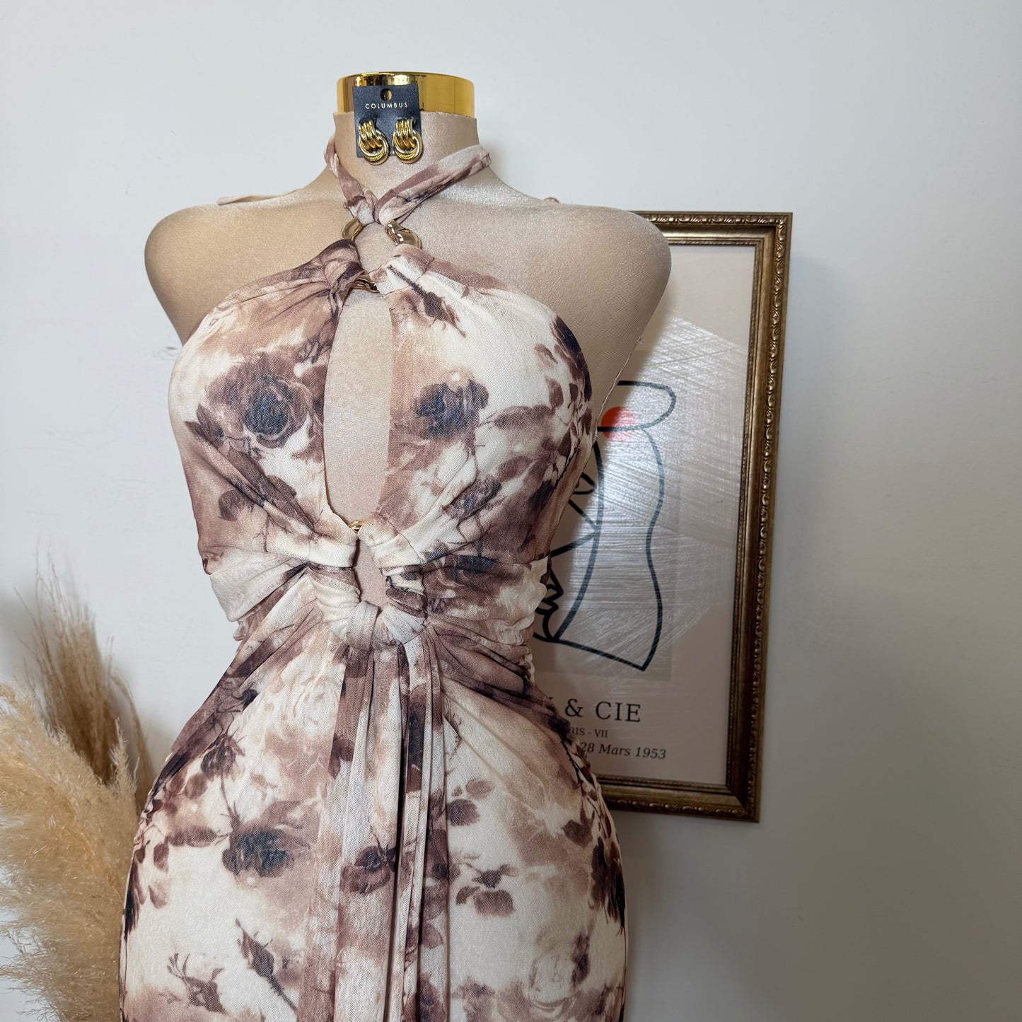 HalterNeck Print Midi Dress-Brown Floral