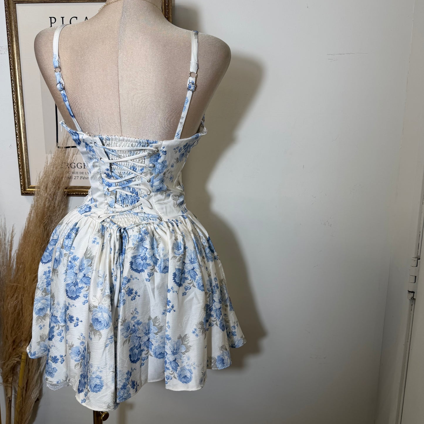 Corset Back Jacquard Mini Dress-Peach/Blue