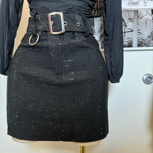 Rhinestone Skirt With Belt-Black