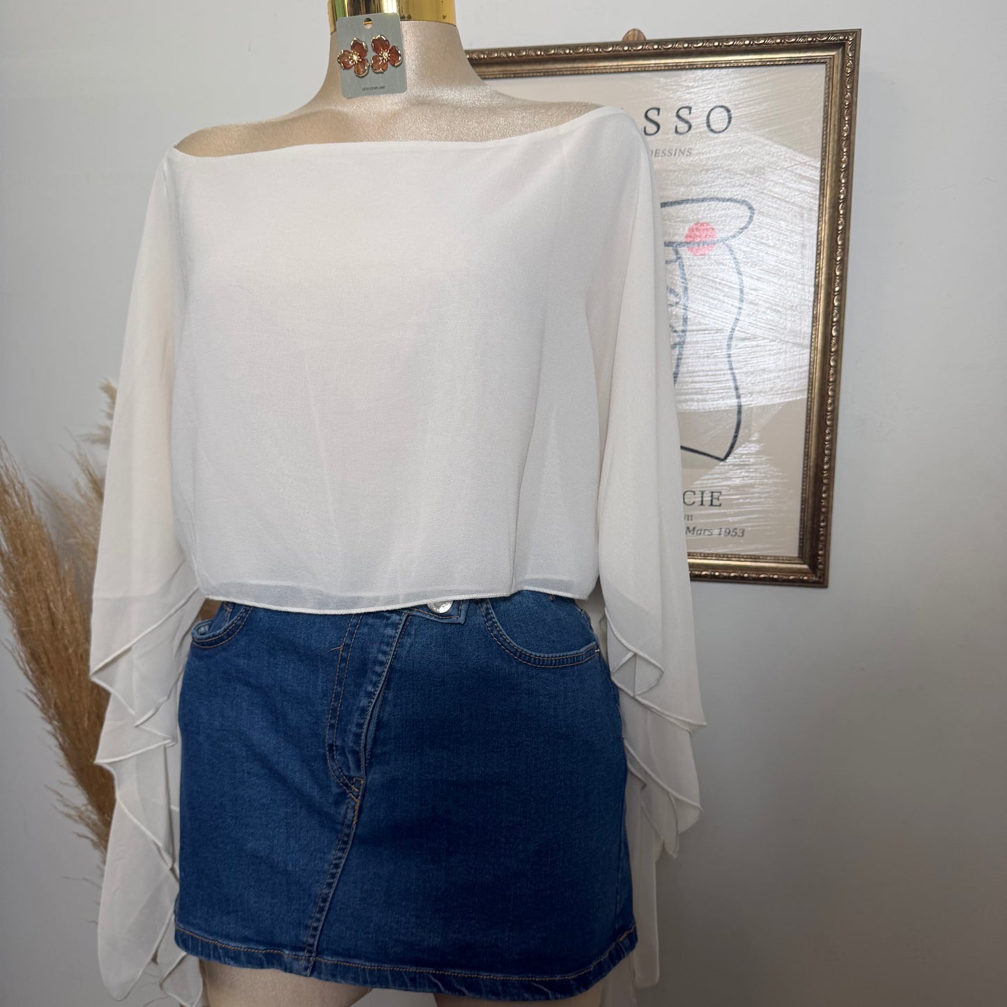 Sheer One-Shoulder Drape Crop Top-Cream