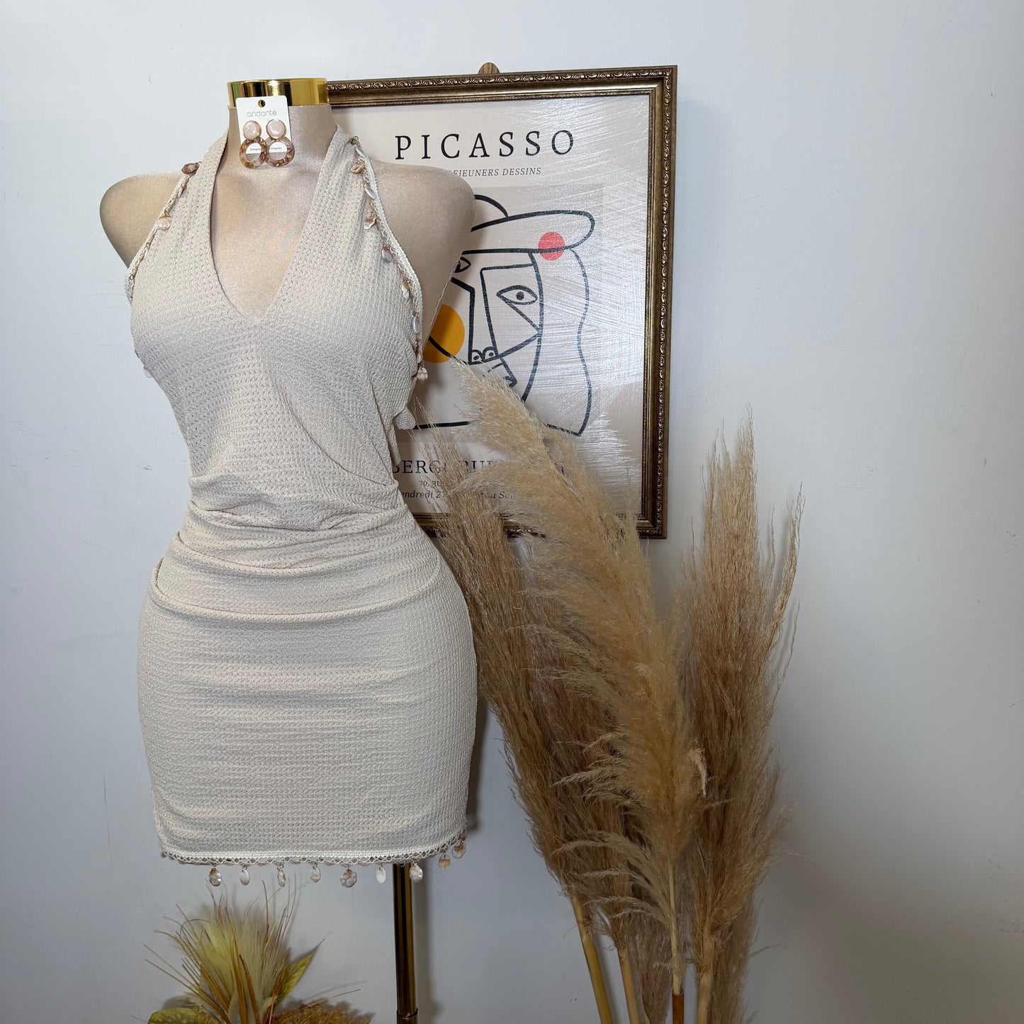 Shell Trim Detail Halter Neck Mini Dress-Natural