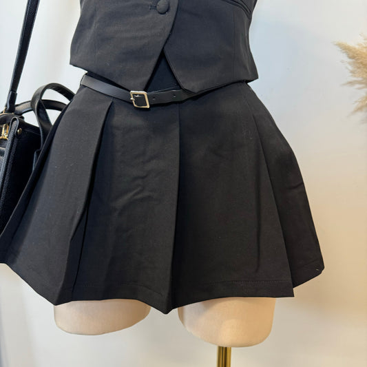Roberta Belt Pleated Mini Skort-Black