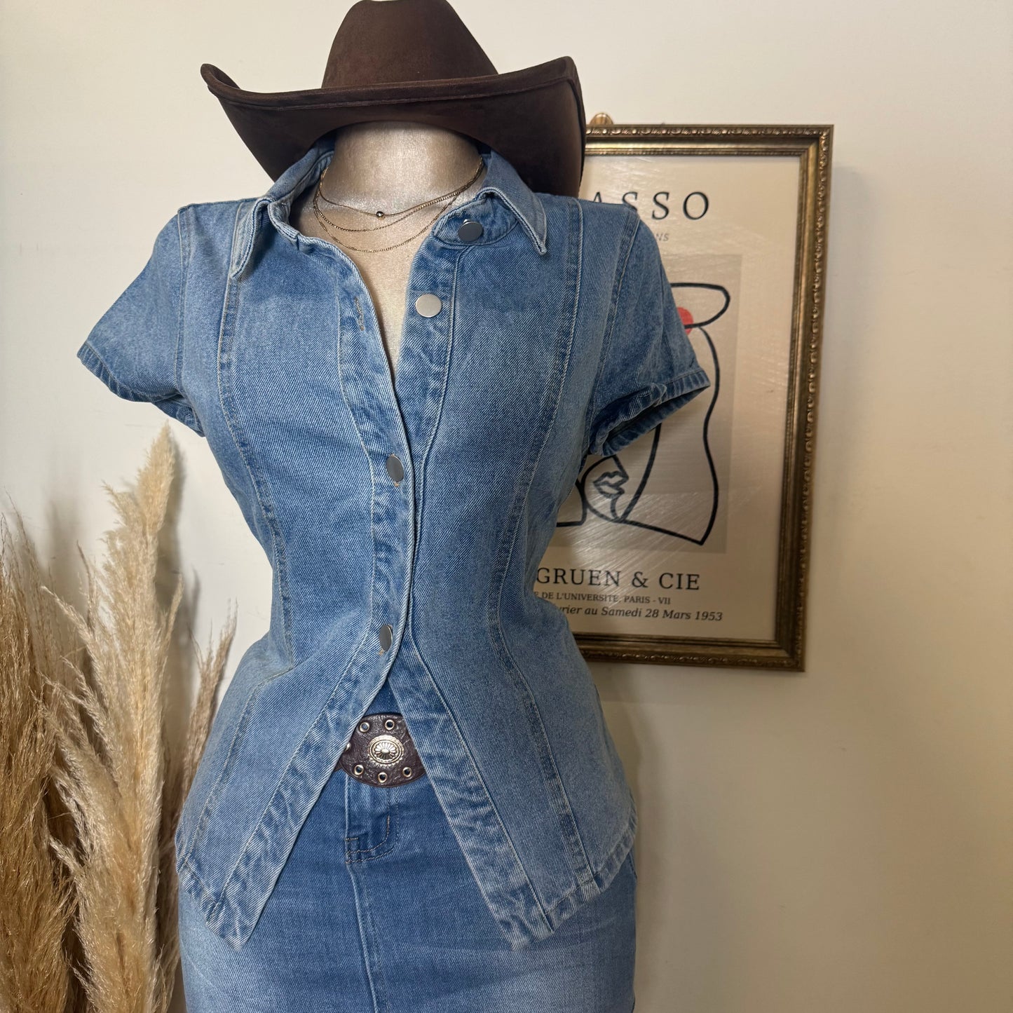 Short Sleeve Button Front Denim Top-Blue