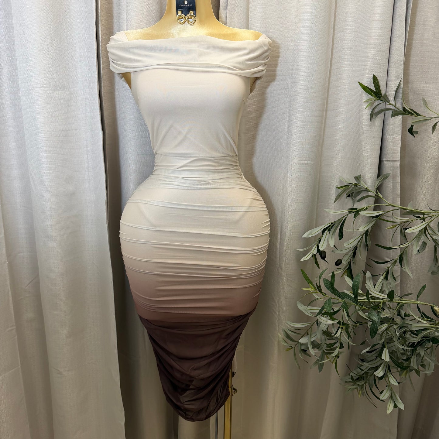 Ombre Off the Shoulder Dress-Taupe/Brown